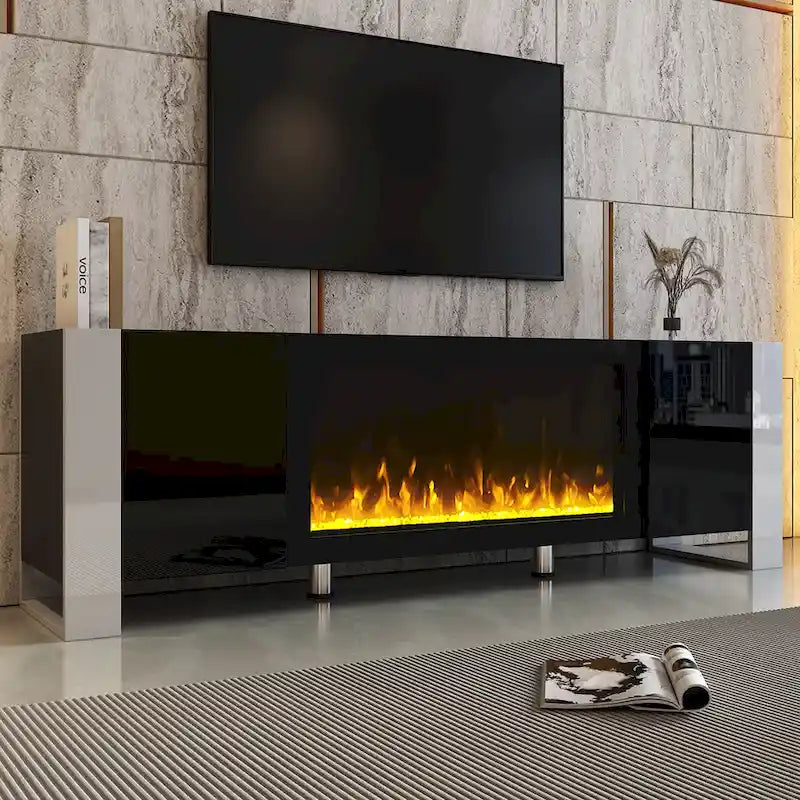 Mobile TV con Caminetto Minimalista Bianco/Nero, con 2 Armadietti, Adatto a TV fino a 78", Montaggio per 2 Persone