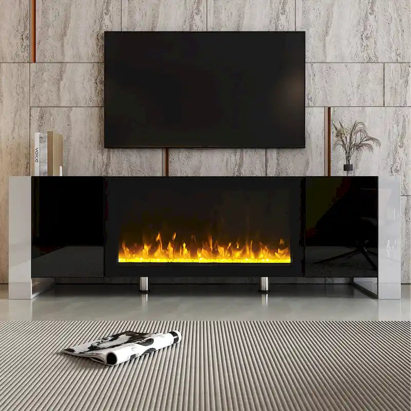 Mobile TV con Caminetto Minimalista Bianco/Nero, con 2 Armadietti, Adatto a TV fino a 78", Montaggio per 2 Persone