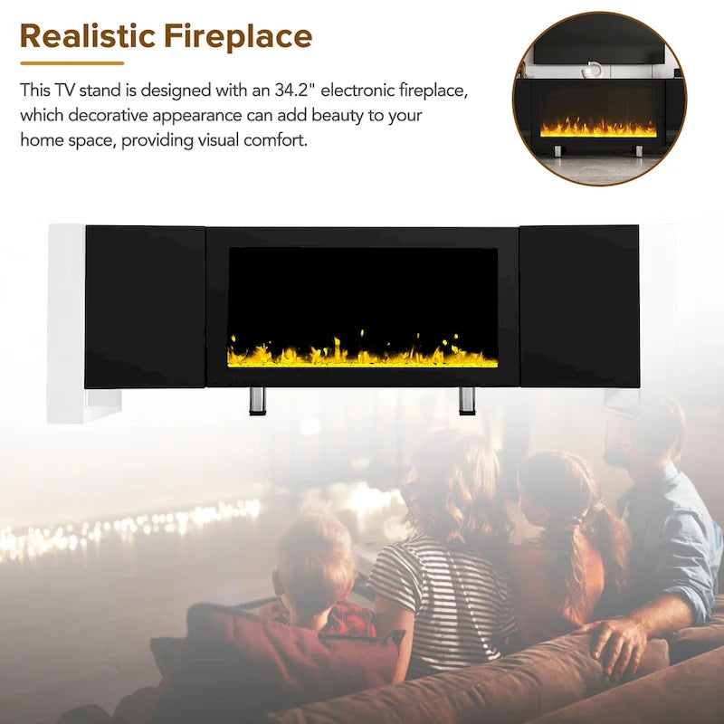Mobile TV con Caminetto Minimalista Bianco/Nero, con 2 Armadietti, Adatto a TV fino a 78", Montaggio per 2 Persone