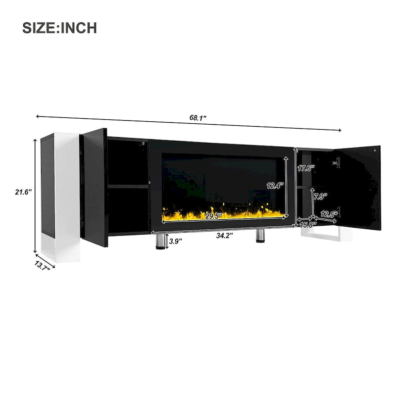 Mobile TV con Caminetto Minimalista Bianco/Nero, con 2 Armadietti, Adatto a TV fino a 78", Montaggio per 2 Persone