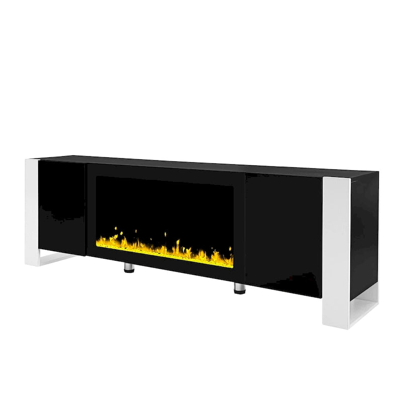 Mobile TV con Caminetto Minimalista Bianco/Nero, con 2 Armadietti, Adatto a TV fino a 78", Montaggio per 2 Persone