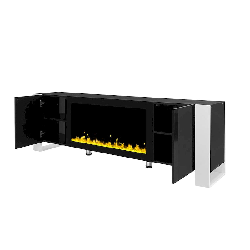 Mobile TV con Caminetto Minimalista Bianco/Nero, con 2 Armadietti, Adatto a TV fino a 78", Montaggio per 2 Persone