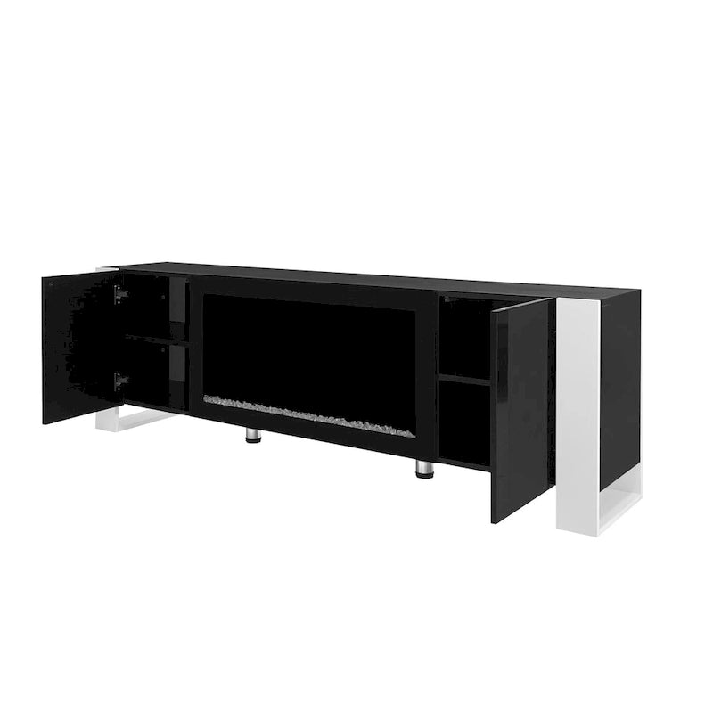 Mobile TV con Caminetto Minimalista Bianco/Nero, con 2 Armadietti, Adatto a TV fino a 78", Montaggio per 2 Persone