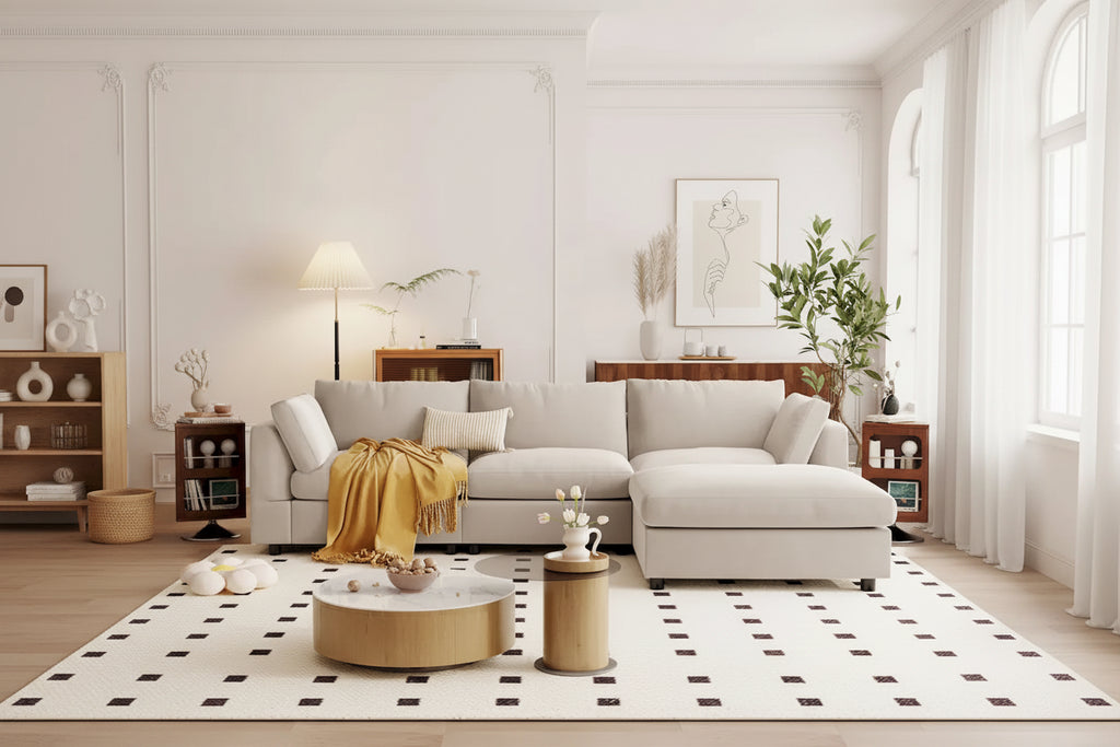 Divano componibile a L beige per 3-4 persone, poggiapiedi regolabile, chaise longue reversibile