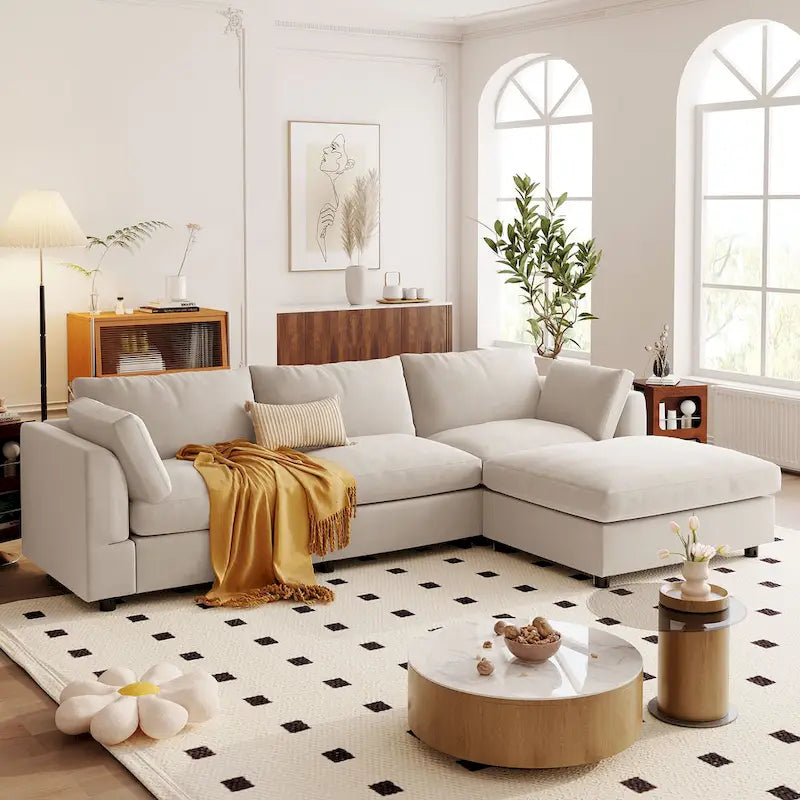 Divano componibile a L beige per 3-4 persone, poggiapiedi regolabile, chaise longue reversibile