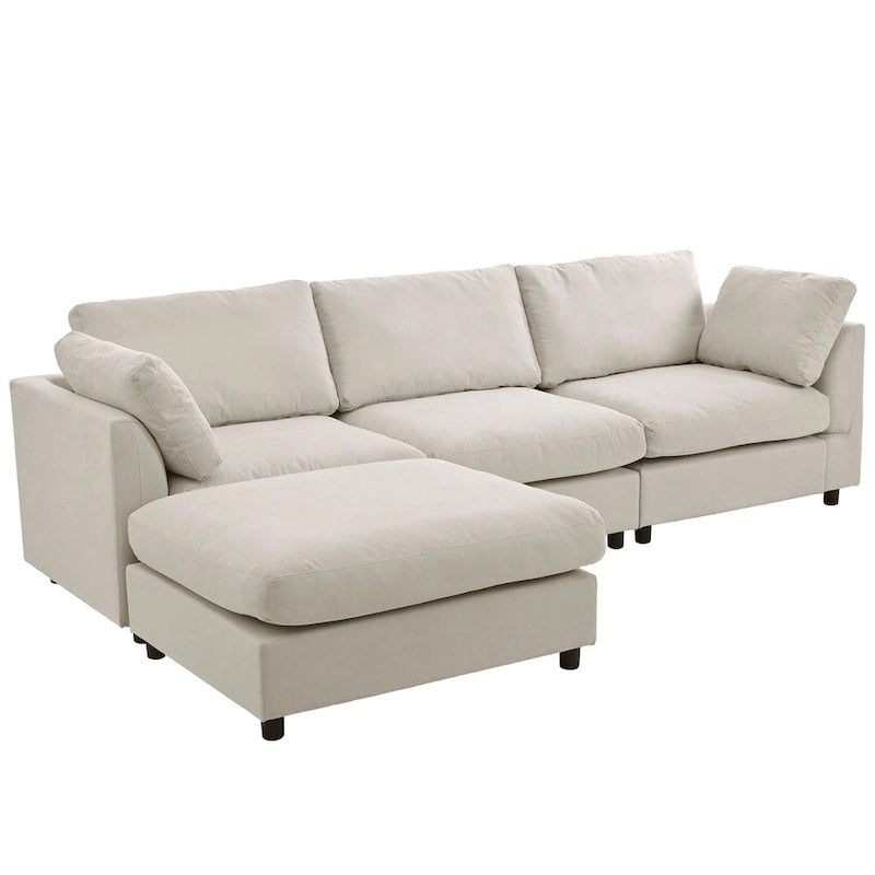 Divano componibile a L beige per 3-4 persone, poggiapiedi regolabile, chaise longue reversibile