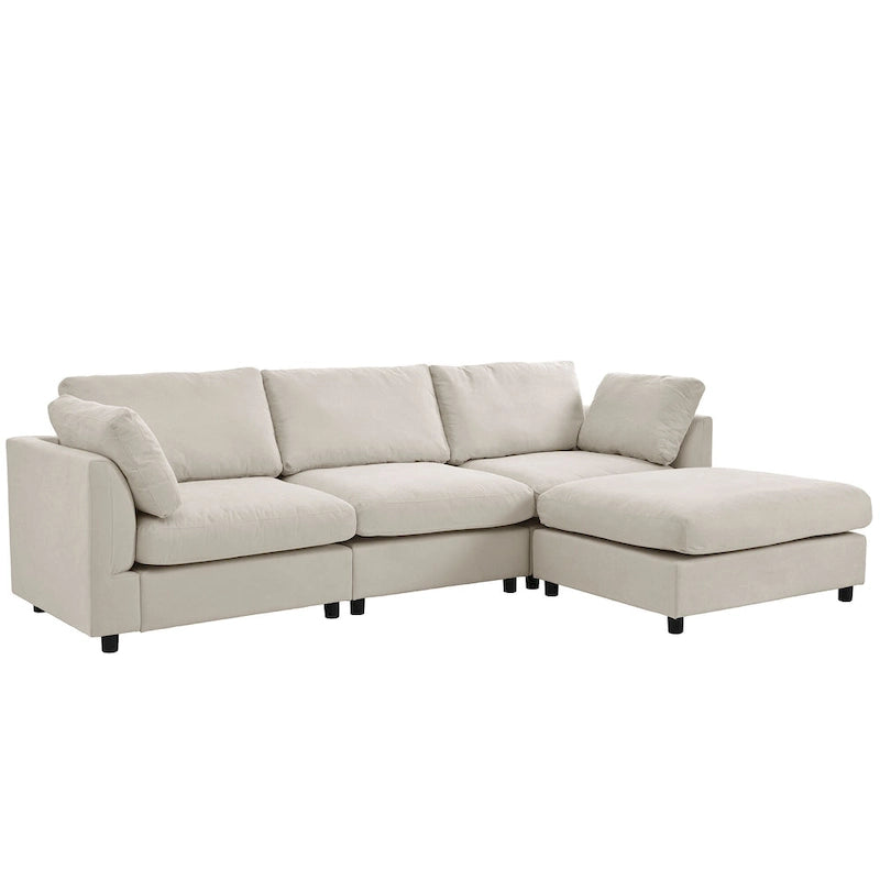 Divano componibile a L beige per 3-4 persone, poggiapiedi regolabile, chaise longue reversibile