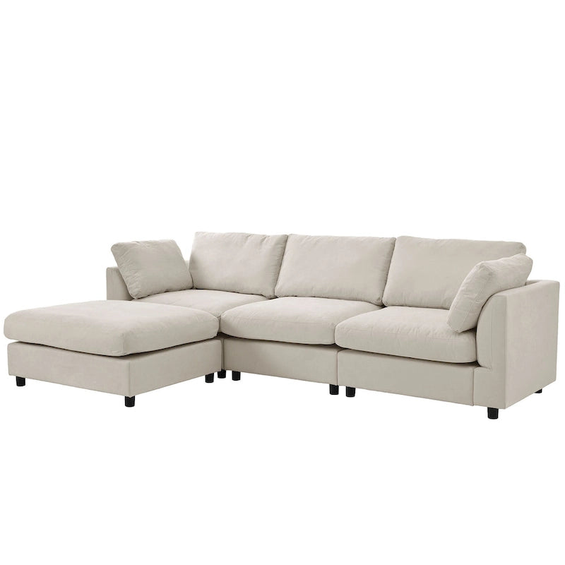 Divano componibile a L beige per 3-4 persone, poggiapiedi regolabile, chaise longue reversibile
