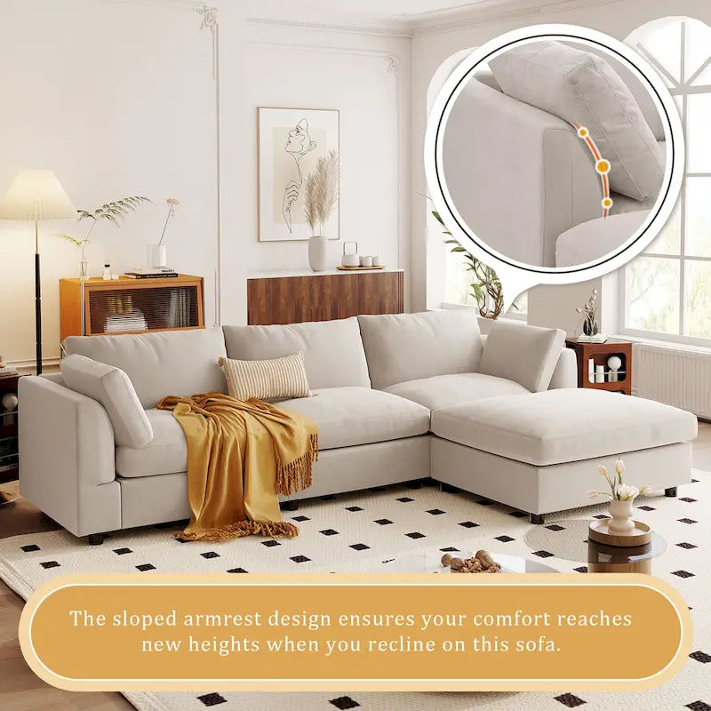 Divano componibile a L beige per 3-4 persone, poggiapiedi regolabile, chaise longue reversibile