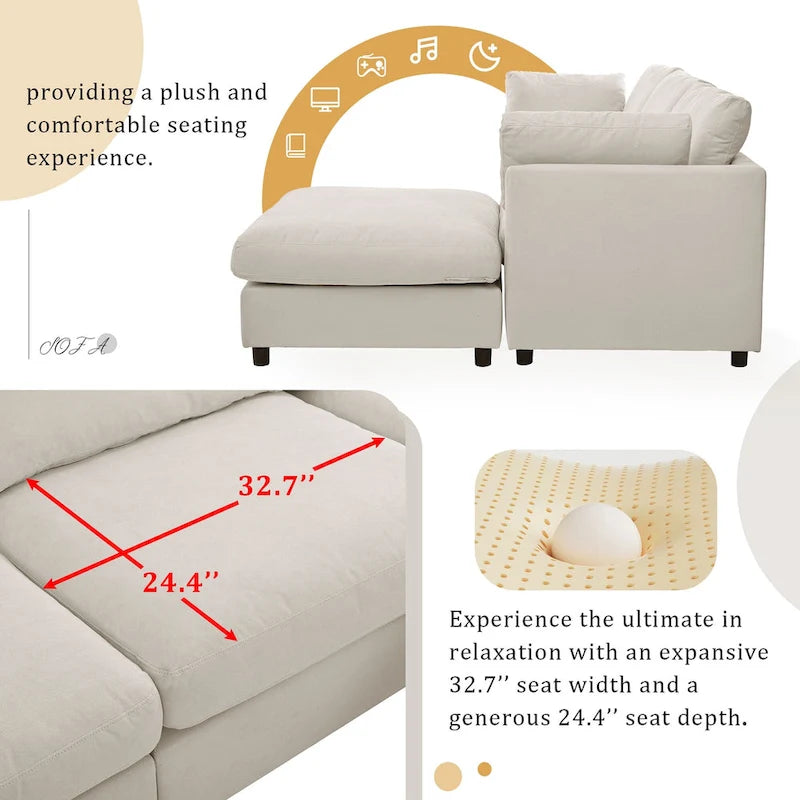 Divano componibile a L beige per 3-4 persone, poggiapiedi regolabile, chaise longue reversibile
