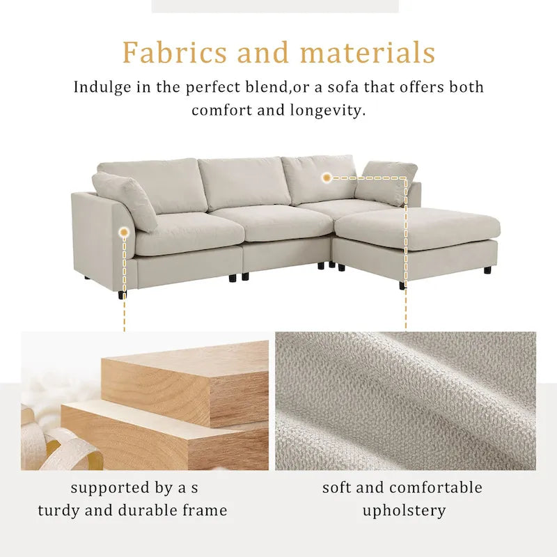 Divano componibile a L beige per 3-4 persone, poggiapiedi regolabile, chaise longue reversibile