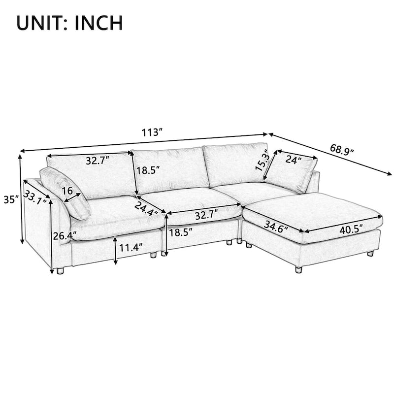Divano componibile a L beige per 3-4 persone, poggiapiedi regolabile, chaise longue reversibile