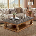 Pouf rettangolare con ripiano in lino grigio con bottoni trapuntati