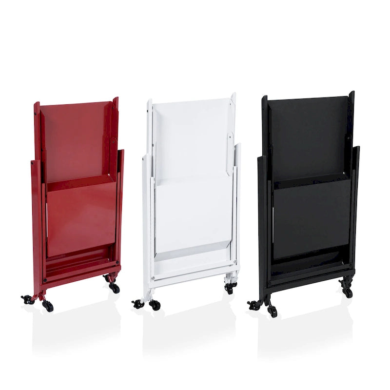 Carrello/Tavolo da Bar Pieghevole in Acciaio a 2 Ripiani, Bianco/Nero/Rosso, con Ruote, Utilizzo per 1 Persona