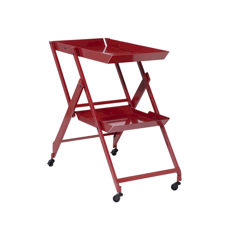 Carrello/Tavolo da Bar Pieghevole in Acciaio a 2 Ripiani, Bianco/Nero/Rosso, con Ruote, Utilizzo per 1 Persona