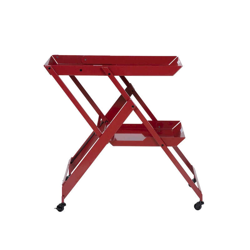 Carrello/Tavolo da Bar Pieghevole in Acciaio a 2 Ripiani, Bianco/Nero/Rosso, con Ruote, Utilizzo per 1 Persona