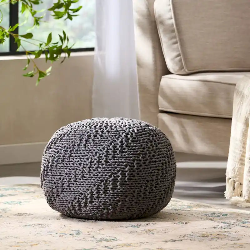 Pouf rotondo in maglia grigio scuro / avorio – Interno ed esterno, 1 posto