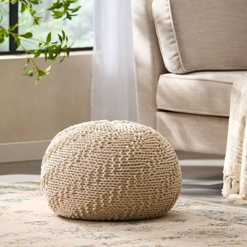 Pouf rotondo in maglia grigio scuro / avorio – Interno ed esterno, 1 posto