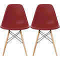 Set di 2 sedie da pranzo moderne di metà secolo senza braccioli con seduta in plastica e gambe in legno naturale tipo Eiffel, rosse