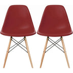 Set di 2 sedie da pranzo moderne di metà secolo senza braccioli con seduta in plastica e gambe in legno naturale tipo Eiffel, rosse