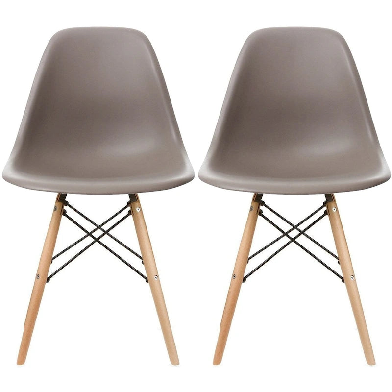 Set di 2 sedie da pranzo moderne di metà secolo senza braccioli con seduta in plastica e gambe in legno naturale tipo Eiffel, rosse