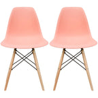Set di 2 sedie da pranzo moderne di metà secolo senza braccioli con seduta in plastica e gambe in legno naturale tipo Eiffel, rosse