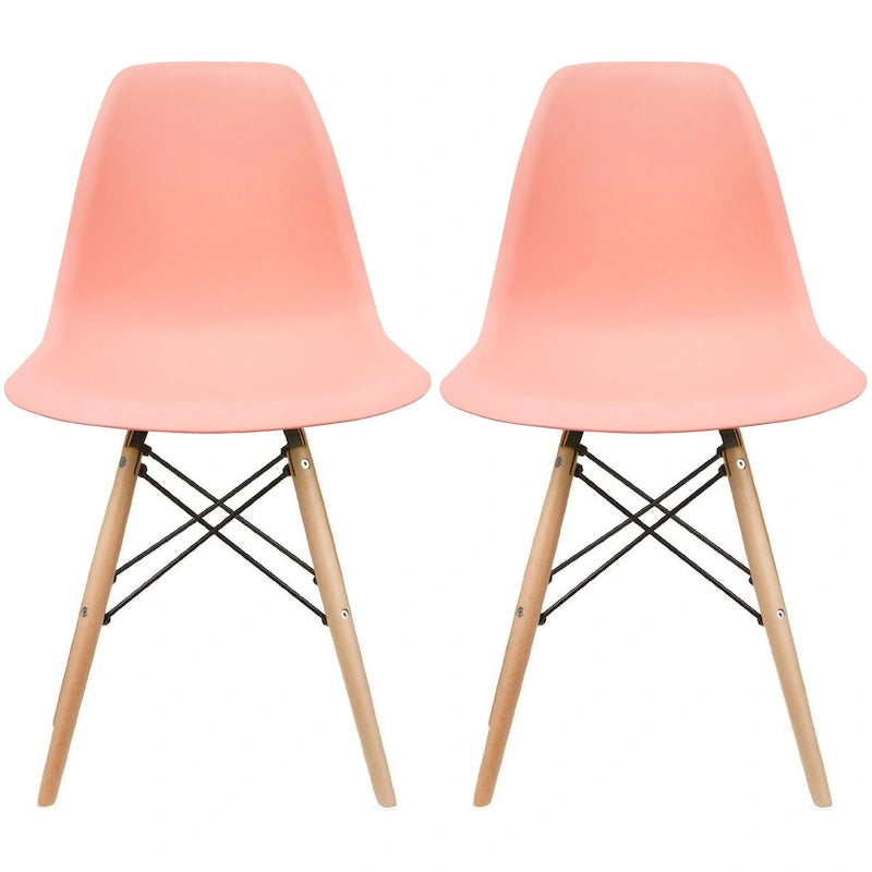 Set di 2 sedie da pranzo moderne di metà secolo senza braccioli con seduta in plastica e gambe in legno naturale tipo Eiffel, rosse