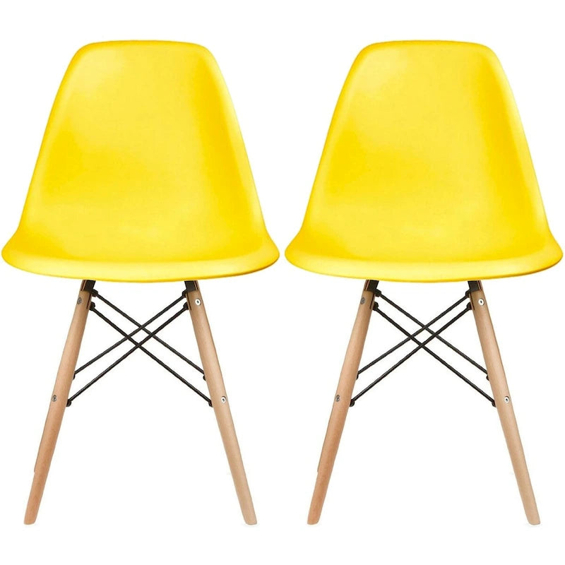 Set di 2 sedie da pranzo moderne di metà secolo senza braccioli con seduta in plastica e gambe in legno naturale tipo Eiffel, rosse