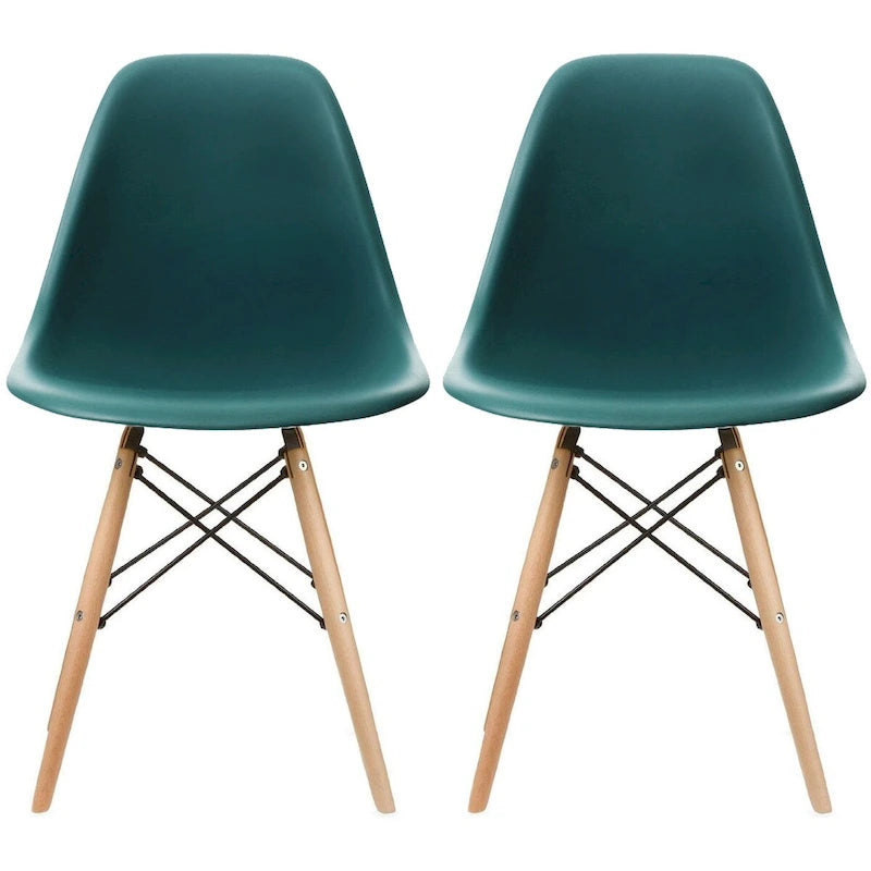 Set di 2 sedie da pranzo moderne di metà secolo senza braccioli con seduta in plastica e gambe in legno naturale tipo Eiffel, rosse