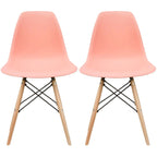 Set di 2 sedie da pranzo moderne di metà secolo senza braccioli con seduta in plastica e gambe in legno naturale tipo Eiffel, rosse