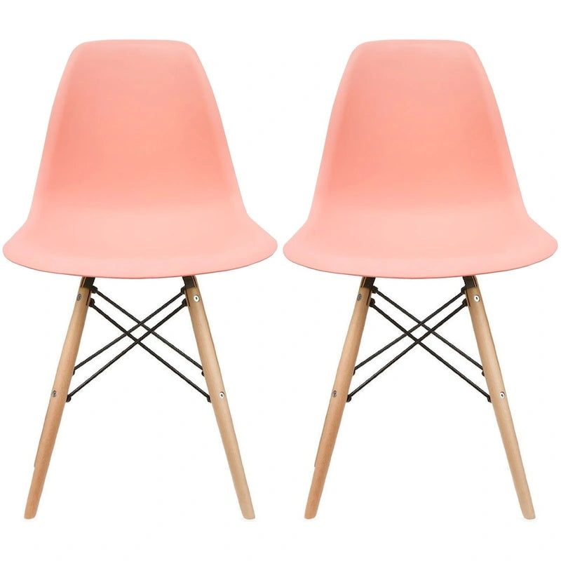 Set di 2 sedie da pranzo moderne di metà secolo senza braccioli con seduta in plastica e gambe in legno naturale tipo Eiffel, rosse