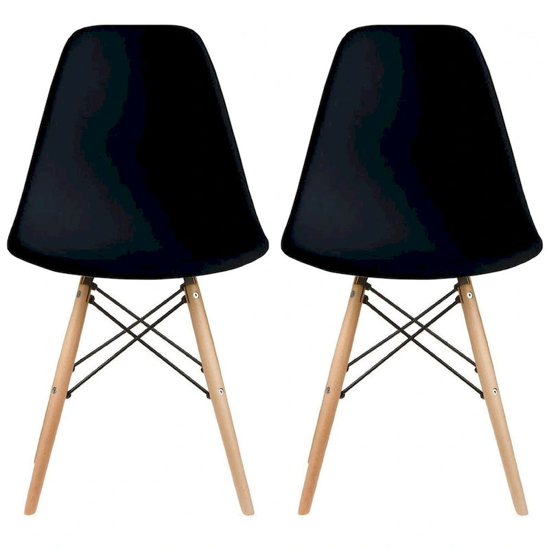 Set di 2 sedie da pranzo moderne di metà secolo senza braccioli con seduta in plastica e gambe in legno naturale tipo Eiffel, rosse