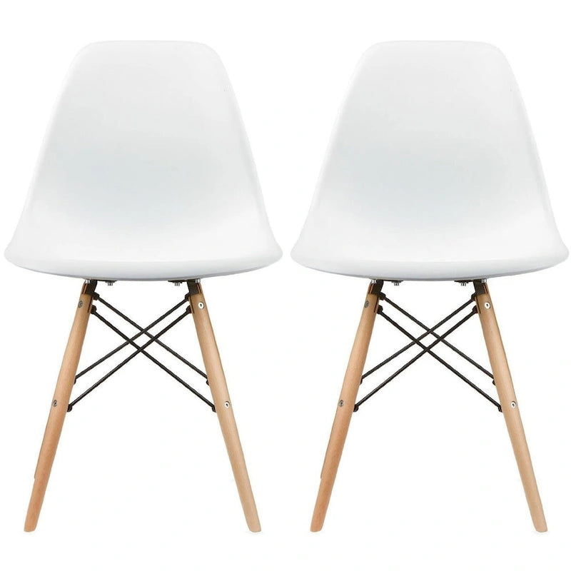 Set di 2 sedie da pranzo moderne di metà secolo senza braccioli con seduta in plastica e gambe in legno naturale tipo Eiffel, rosse