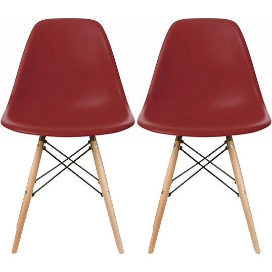 Set di 2 sedie da pranzo moderne di metà secolo senza braccioli con seduta in plastica e gambe in legno naturale tipo Eiffel, rosse