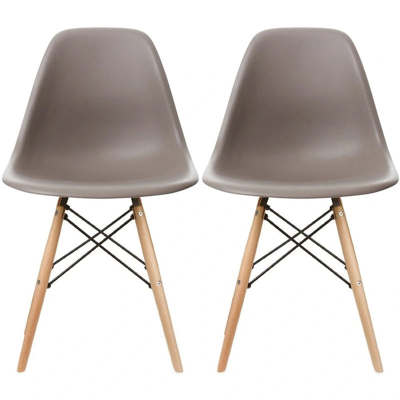 Set di 2 sedie da pranzo moderne di metà secolo senza braccioli con seduta in plastica e gambe in legno naturale tipo Eiffel, rosse