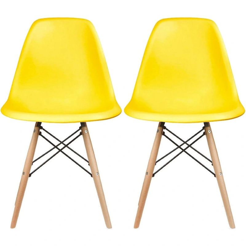 Set di 2 sedie da pranzo moderne di metà secolo senza braccioli con seduta in plastica e gambe in legno naturale tipo Eiffel, rosse