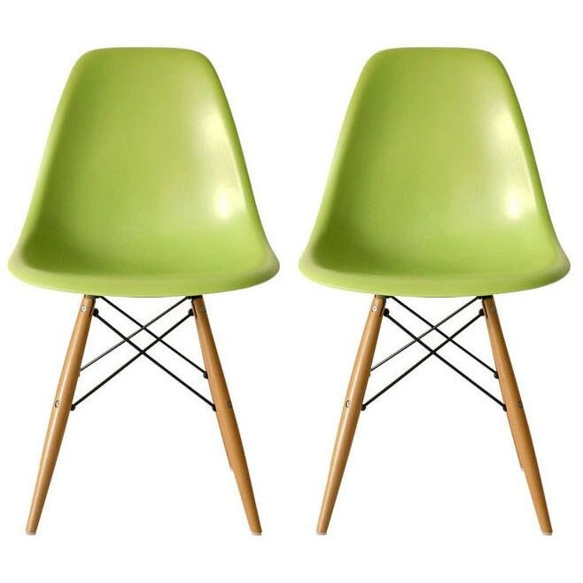 Set di 2 sedie da pranzo moderne di metà secolo senza braccioli con seduta in plastica e gambe in legno naturale tipo Eiffel, rosse