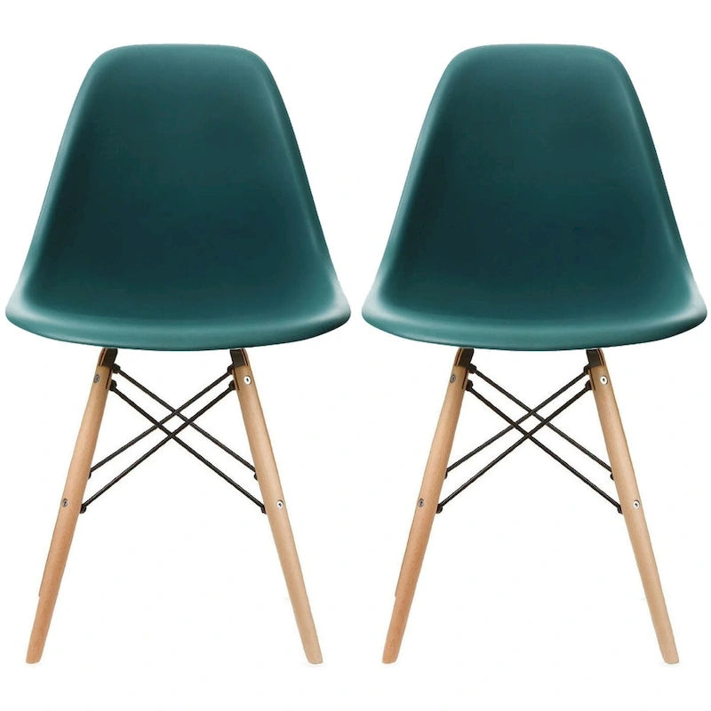 Set di 2 sedie da pranzo moderne di metà secolo senza braccioli con seduta in plastica e gambe in legno naturale tipo Eiffel, rosse