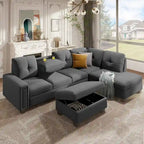 Divano sezionale a L reversibile grigio con pouf, 4-5 posti a sedere