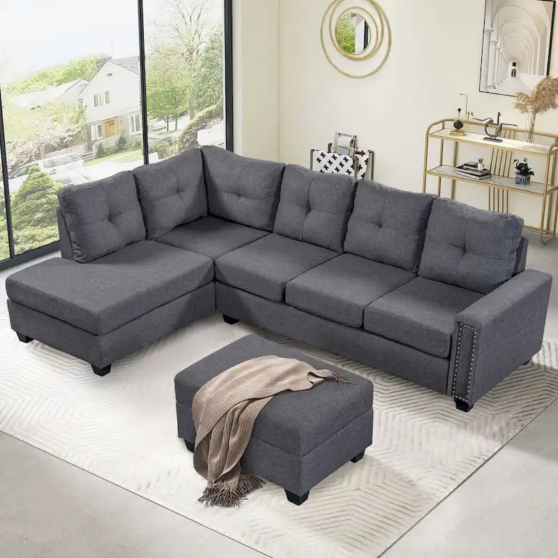 Divano sezionale a L reversibile grigio con pouf, 4-5 posti a sedere