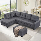 Divano sezionale a L reversibile grigio con pouf, 4-5 posti a sedere