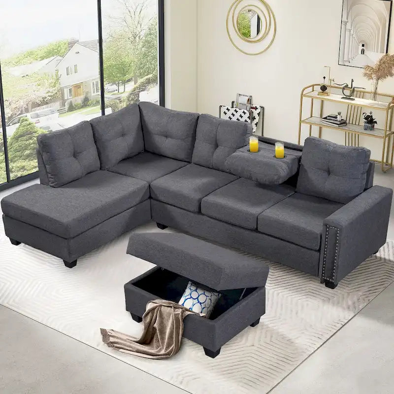 Divano sezionale a L reversibile grigio con pouf, 4-5 posti a sedere