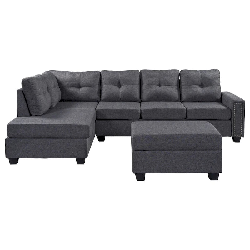 Divano sezionale a L reversibile grigio con pouf, 4-5 posti a sedere