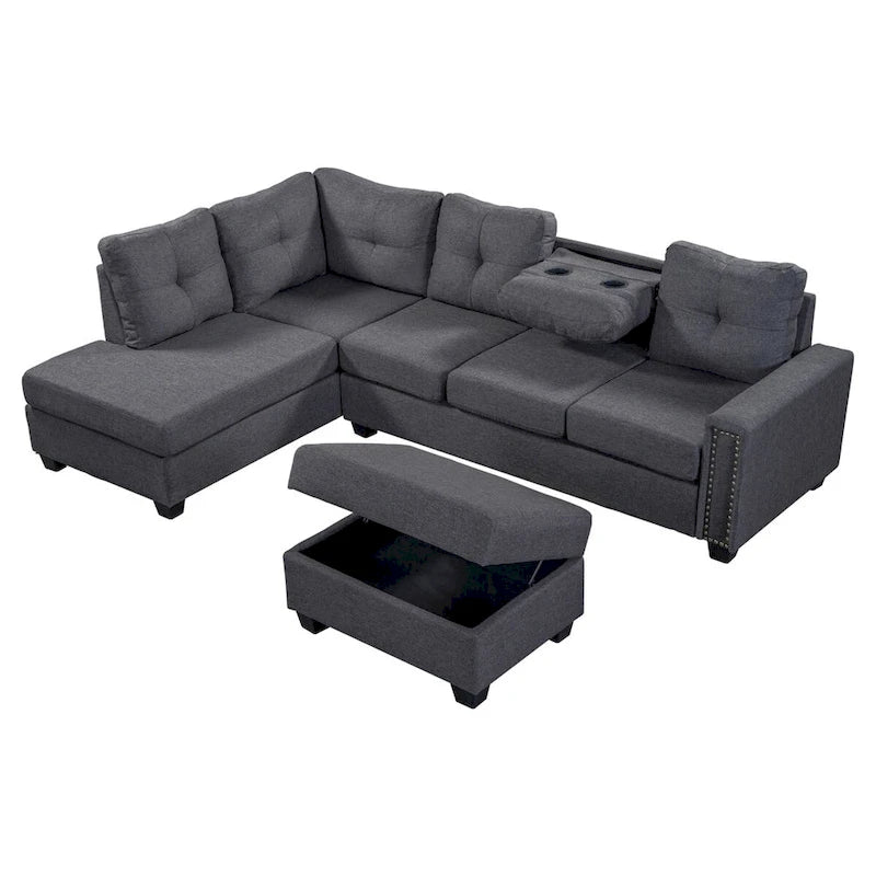 Divano sezionale a L reversibile grigio con pouf, 4-5 posti a sedere