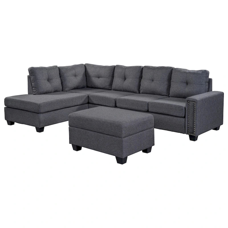 Divano sezionale a L reversibile grigio con pouf, 4-5 posti a sedere