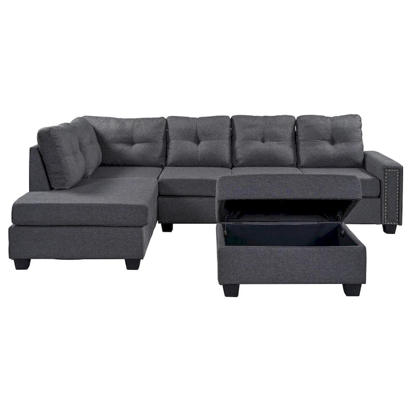 Divano sezionale a L reversibile grigio con pouf, 4-5 posti a sedere