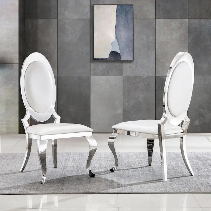 Sedie da pranzo in similpelle bianca, gambe cabriole argentate, stile metà secolo, set da 2