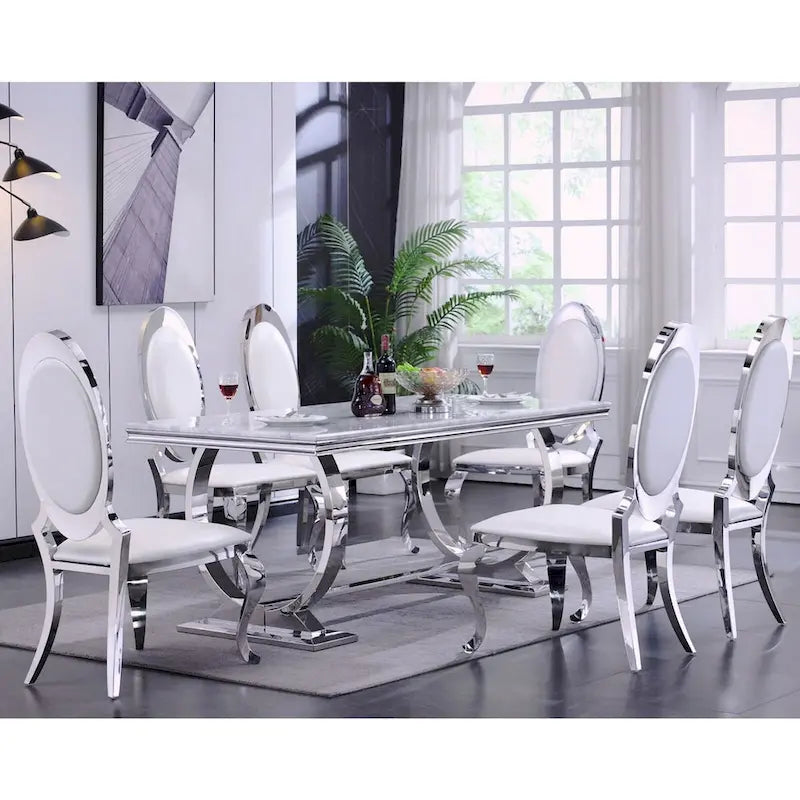 Sedie da pranzo in similpelle bianca, gambe cabriole argentate, stile metà secolo, set da 2