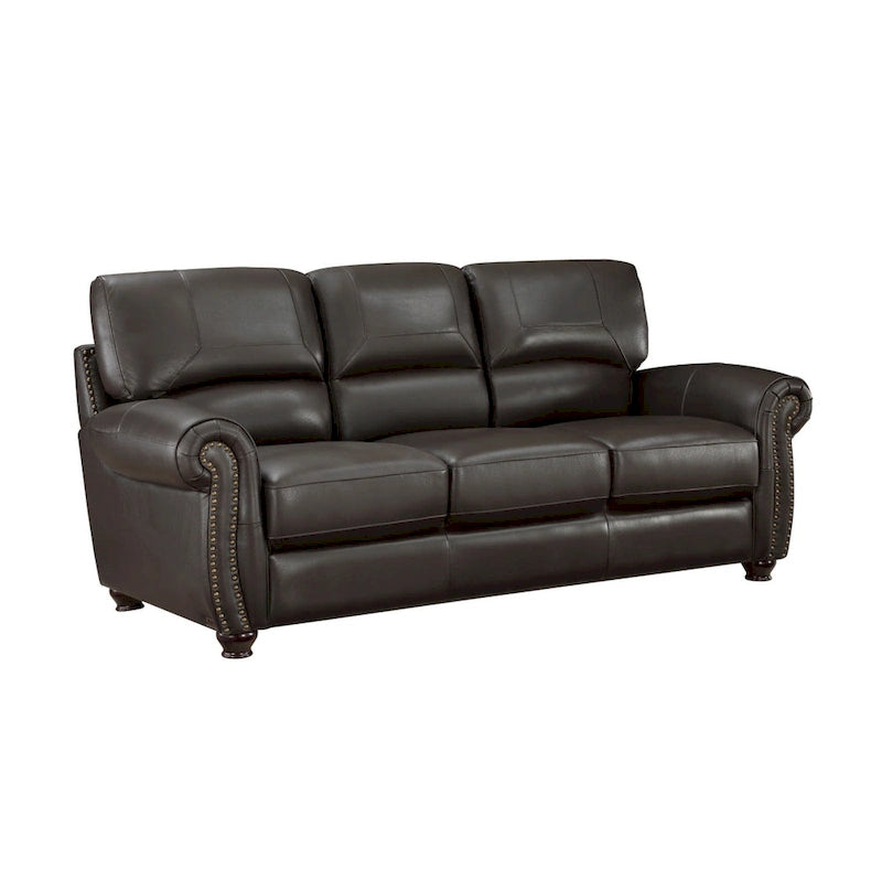 Divano a 3 posti marrone espresso, in pelle pieno fiore e similpelle, con borchie decorative