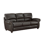 Divano a 3 posti marrone espresso, in pelle pieno fiore e similpelle, con borchie decorative